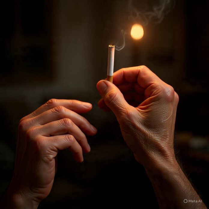 Hand holds cigarette