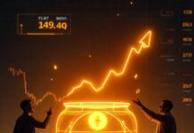 Supply And Demand In Decentralized Finance Create an image that visually represents Supply and Demand in DeFi (Decentralized Finance) with the following details: A digital liquidity pool at the center, depicted as a futuristic glowing vault or a large transparent container filled with gold coins and cryptocurrency tokens (like Ethereum, Bitcoin, and a fictional "FLAT" token). On the left side, traders excitedly withdrawing FLAT tokens while depositing ETH, causing the FLAT supply in the pool to shrink. The price graph above them shows an upward trend. On the right side, traders are selling FLAT tokens back into the pool, withdrawing ETH, increasing the FLAT supply. The price graph above them shows a downward trend. Floating digital price tickers displaying numbers rising and falling to represent price fluctuations. A futuristic DeFi trading interface in the background with elements like candlestick charts, decentralized exchange logos (like Uniswap or PancakeSwap), and trading bots. A subtle blockchain network pattern overlaying the background to symbolize decentralization and smart contracts controlling the transactions.