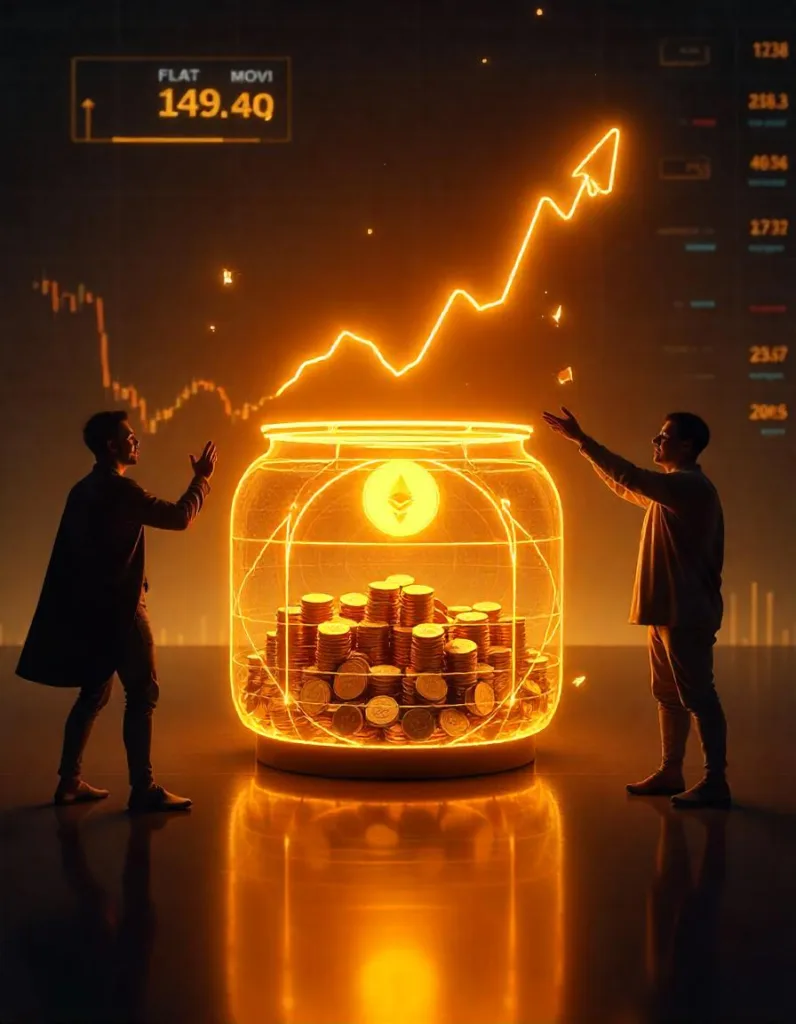 Create an image that visually represents Supply and Demand in DeFi (Decentralized Finance) with the following details: A digital liquidity pool at the center, depicted as a futuristic glowing vault or a large transparent container filled with gold coins and cryptocurrency tokens (like Ethereum, Bitcoin, and a fictional "FLAT" token). On the left side, traders excitedly withdrawing FLAT tokens while depositing ETH, causing the FLAT supply in the pool to shrink. The price graph above them shows an upward trend. On the right side, traders are selling FLAT tokens back into the pool, withdrawing ETH, increasing the FLAT supply. The price graph above them shows a downward trend. Floating digital price tickers displaying numbers rising and falling to represent price fluctuations. A futuristic DeFi trading interface in the background with elements like candlestick charts, decentralized exchange logos (like Uniswap or PancakeSwap), and trading bots. A subtle blockchain network pattern overlaying the background to symbolize decentralization and smart contracts controlling the transactions.