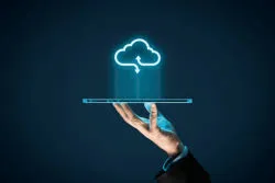 Hand holds phone with cloud above