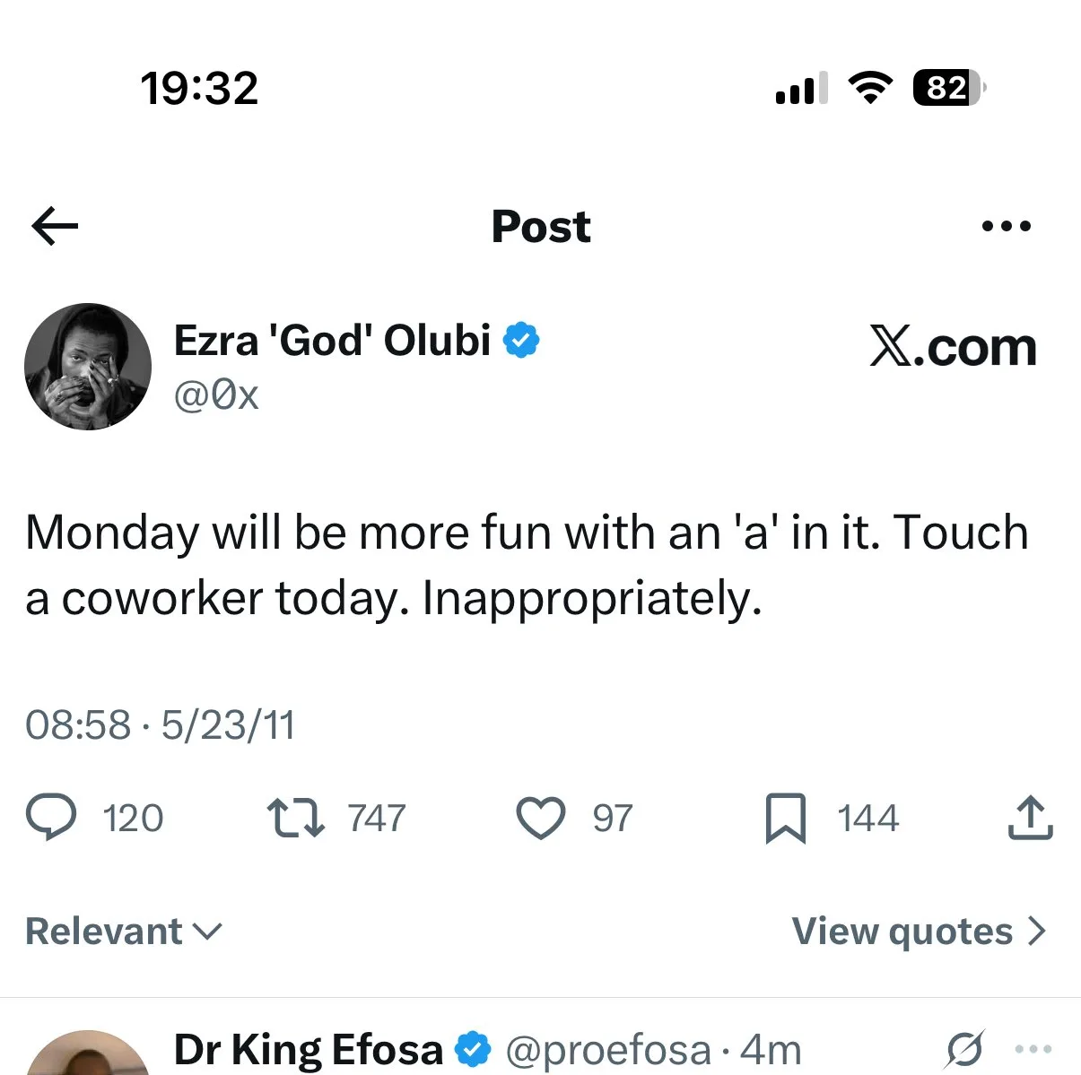 One of Ezra Olubi's old tweets about inappropriately touching a co-worker.